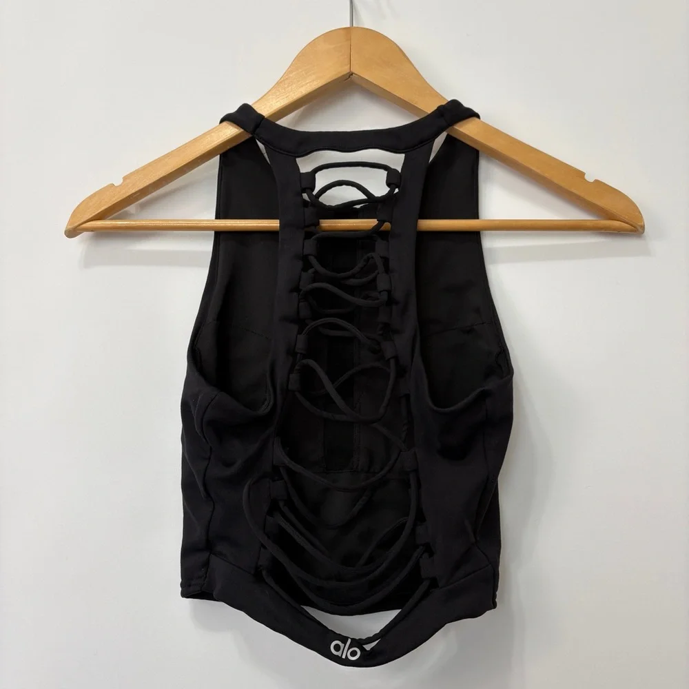 Alo Yoga Movement Strappy Back High Neck Crop Sport Bra Black Sz XS Lori‎ Harvey